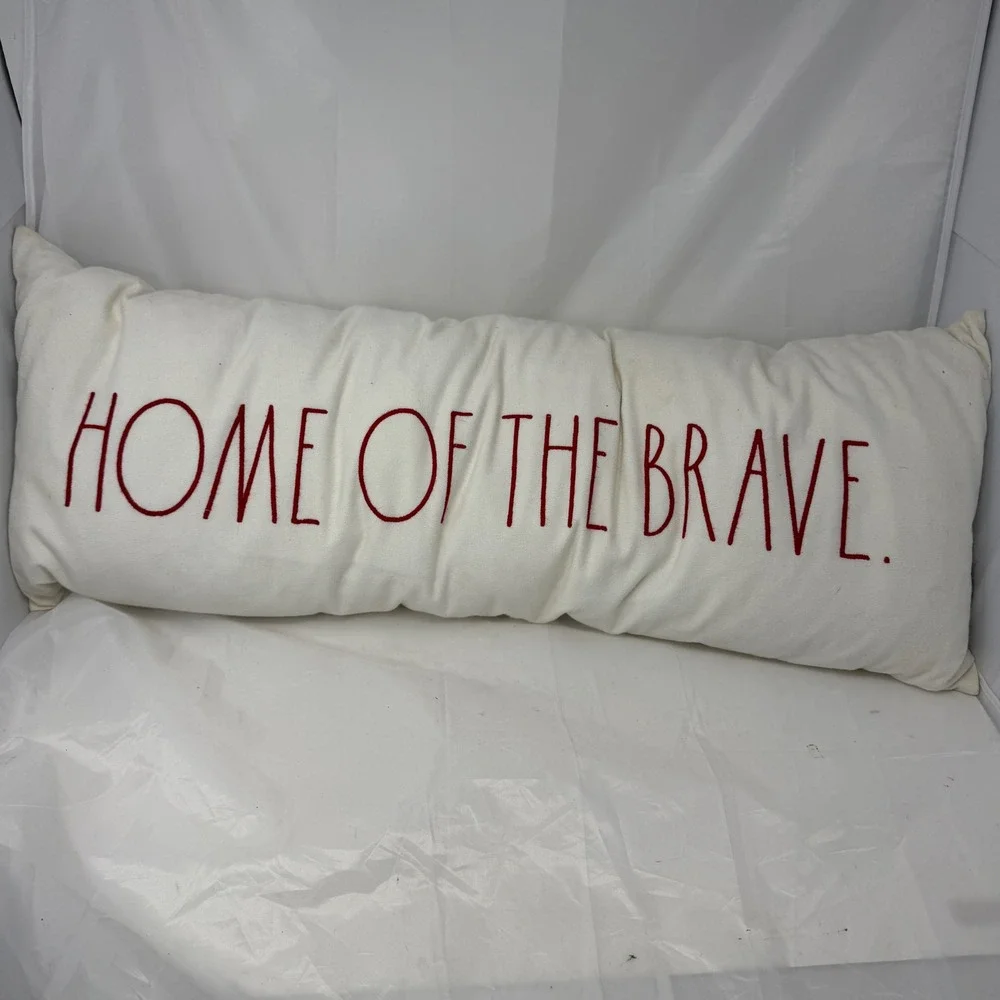 Rae Dunn Home of the Brave Lumbar Pillow Cream Red Embroidered Farmhouse 32x10